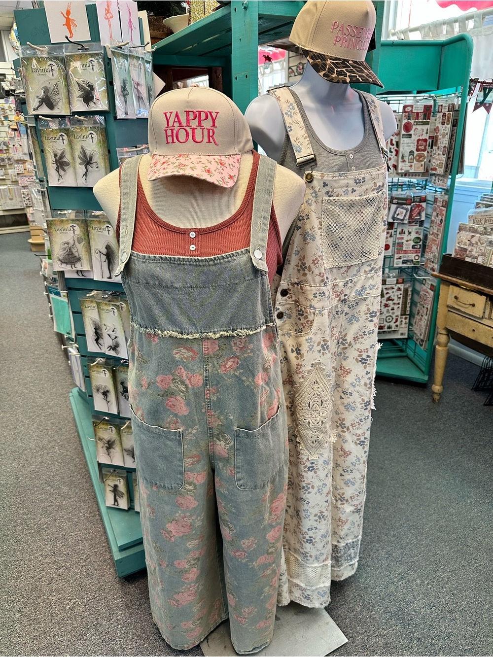 Boho Floral Denim Overalls - Washed Blue with Pink Roses